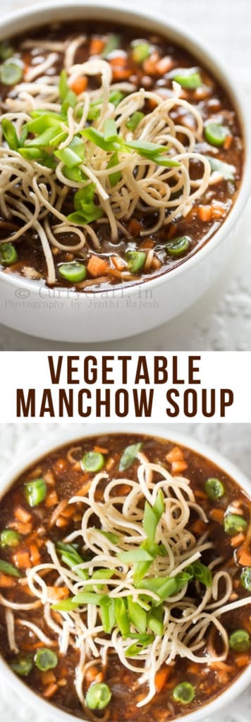 spicy sour hot veg manchow soup served with crunchy fried noodles with text overlay