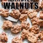 candied walnuts in baking tray with text