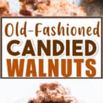 old fashioned candied walnuts in baking tray with text