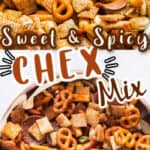 spicy sweet chex mix in wooden bowl with text