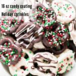 chocolate covered pretzels in bowl with text