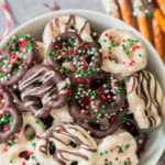 chocolate covered pretzels in a bowl with text overlay