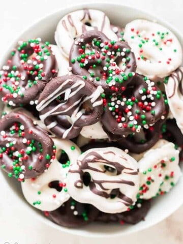 Christmas chocolate dipped pretzels twists in bowl