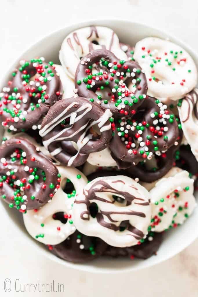 Christmas chocolate dipped pretzels twists in bowl