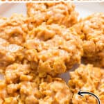 no bake cornflakes cookies on ceramic plate with text