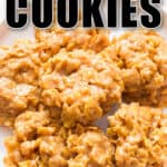 no bake cornflakes cookies on ceramic plate with text