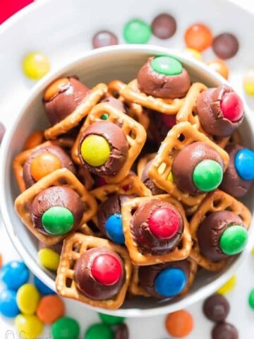 pretzel chocolate with M&M candies in white bowl