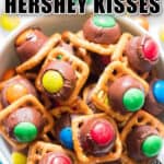 pretzel hershey kisses Christmas treats with text