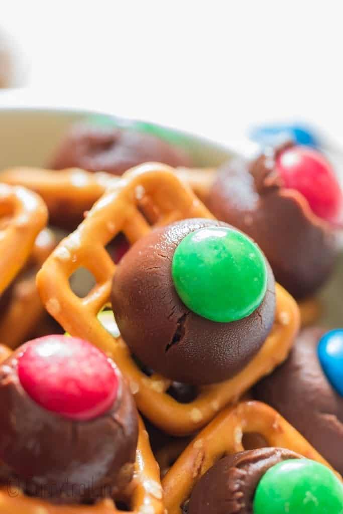 close up of pretzle hershey kisses in a bowl