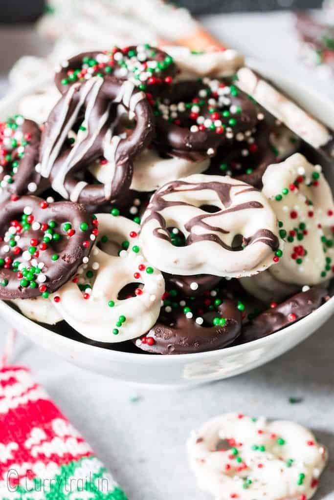 Christmas chocolate dipped pretzels twists in bowl