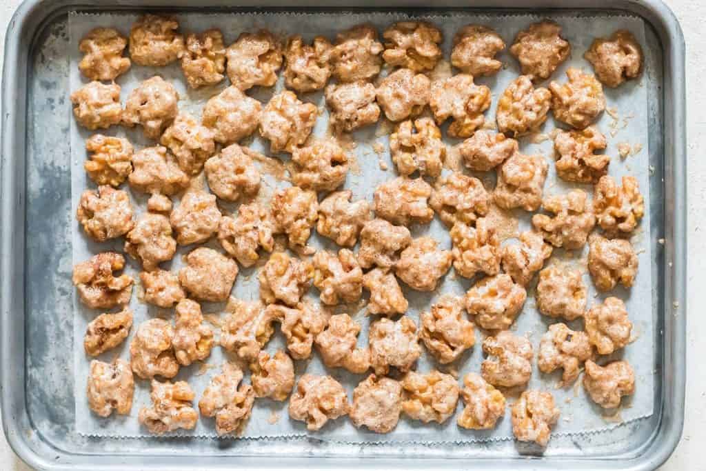 candy walnuts arranged on baking tray