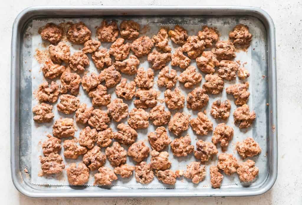 candy walnuts arranged on baking tray