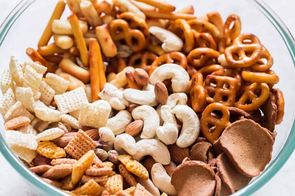 dry snack mix in bowl for chex mix recipe