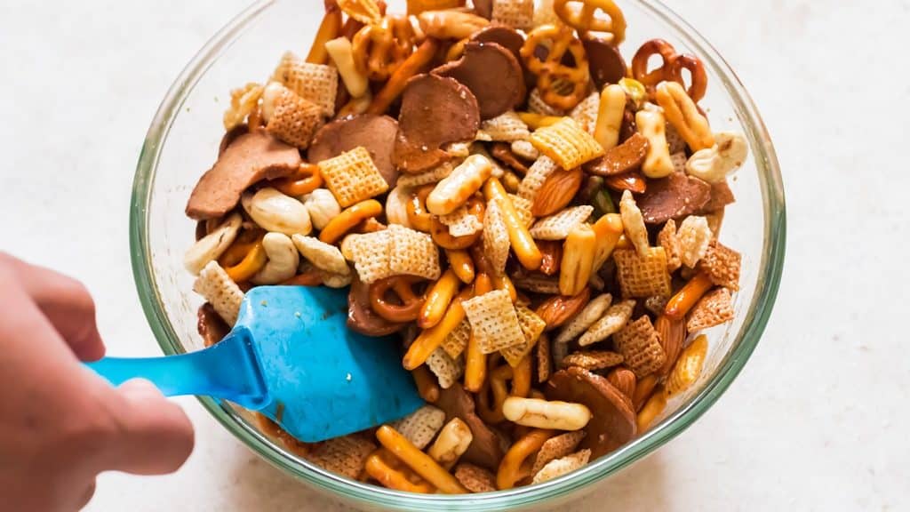 dry snack mix in bowl for chex mix recipe