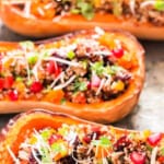 stuffed butternut squash with quinoa and text