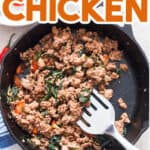 thai basil chicken in skillet with text