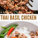 spicy Thai basil chicken served with rice in bowl with text overlay