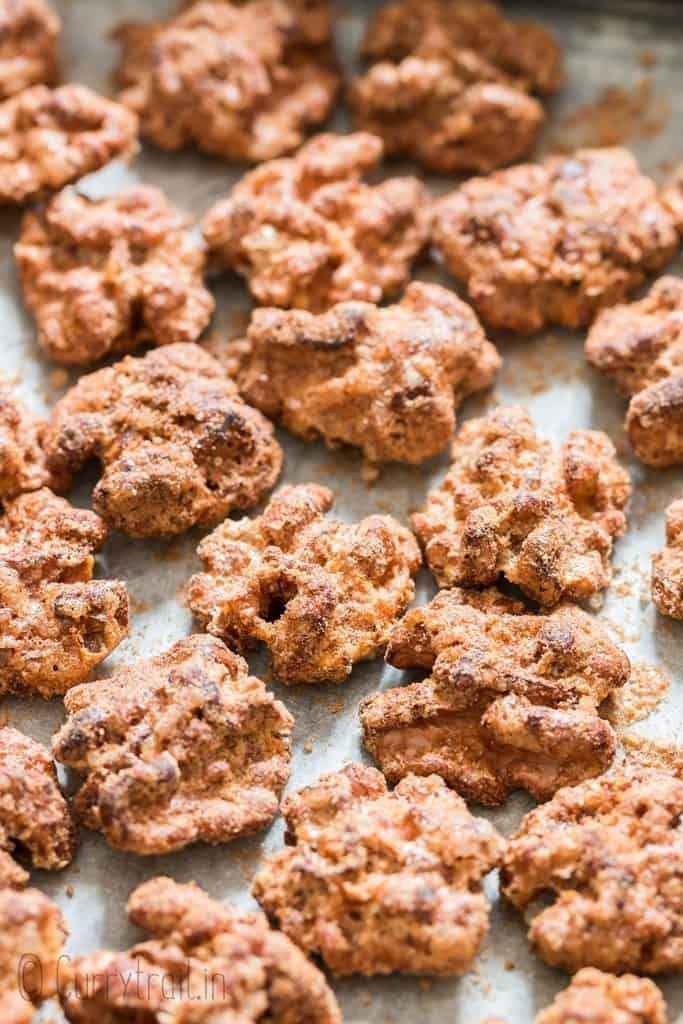 candy walnuts arranged on baking tray