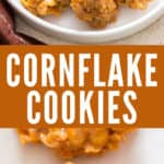 cornflake cookies on white plate with text overlay
