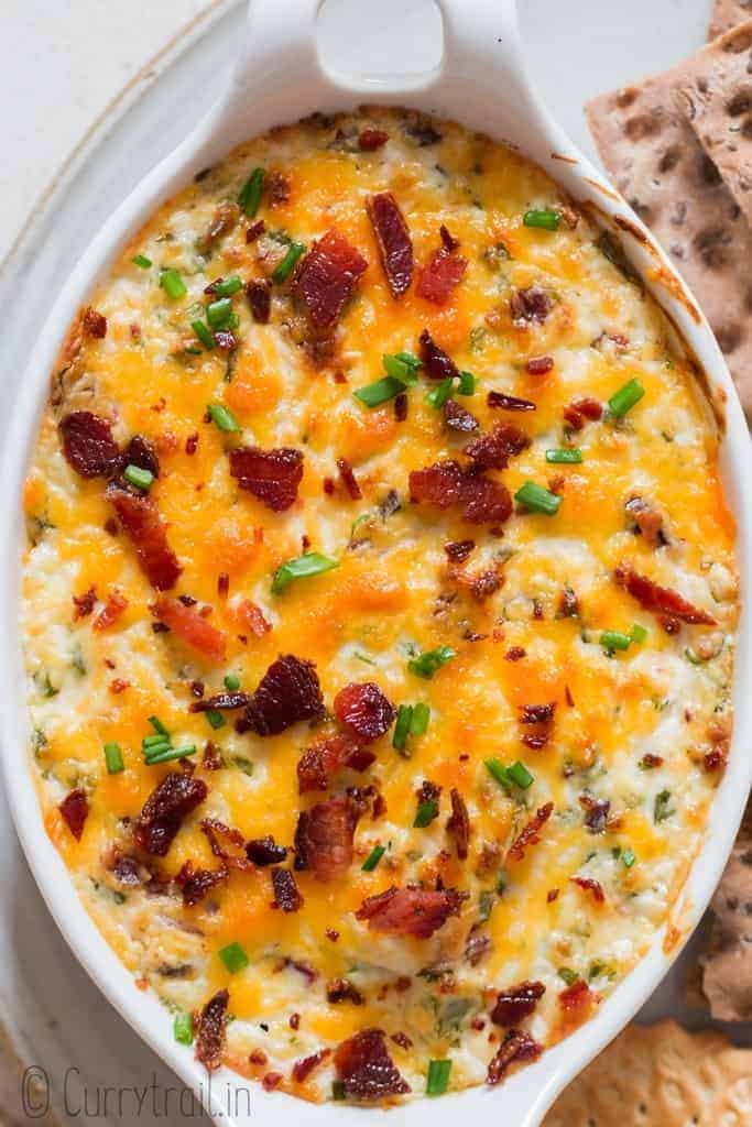 cream cheese dip in white casserole dish