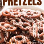cinnamon sugar coated pretzels with white chocolate drizzle in bowl with text