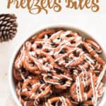 cinnamon sugar coated pretzel twists in white bowl with text overlay