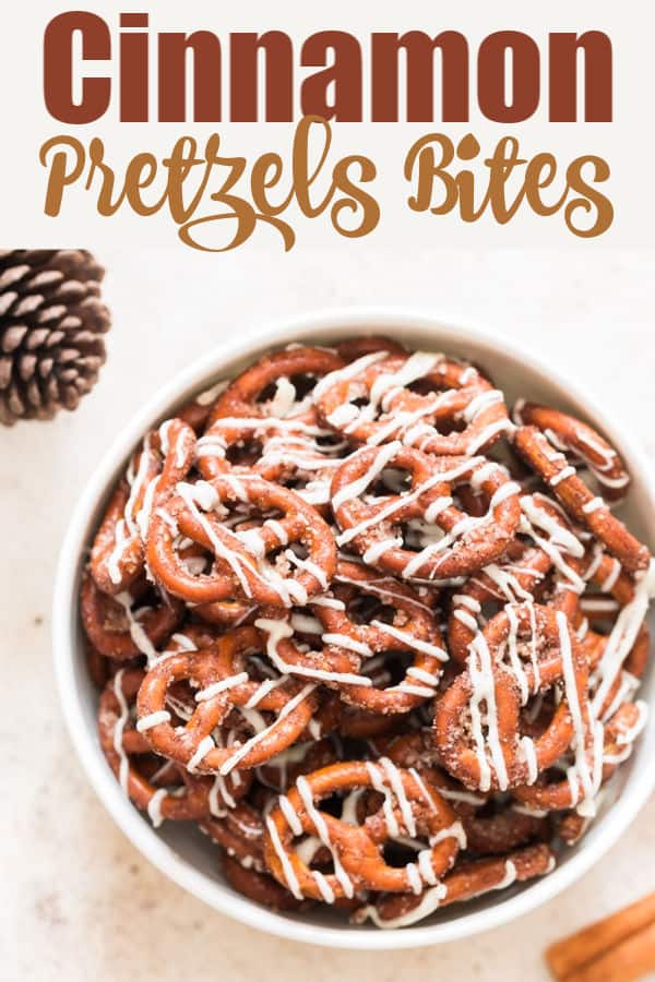 cinnamon sugar coated pretzel twists in white bowl with text overlay