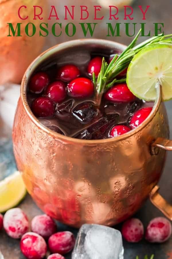 Cranberry Moscow Mule in copper cups with text overlay