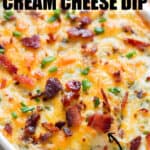 cream cheese dip baked in white casserole with text overlay