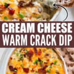 cream cheese warm crack dip served with crackers with text overlay