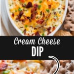 hot cheesy dip with crackers on the side with text overlay.