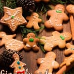 easy gingerbread man cookies on wooden board with text