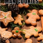 easy gingerbread man cookies on wooden board with text