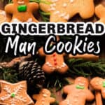 easy gingerbread man cookies on wooden board with text