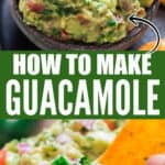 guacamole with nachos in ceramic bowl with text