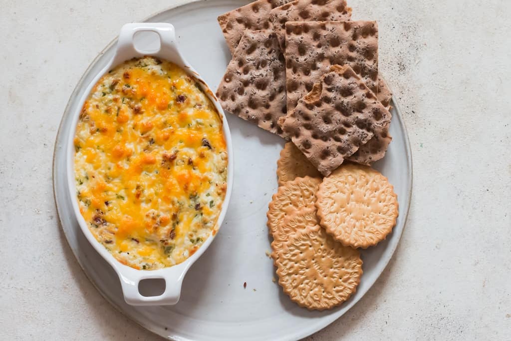 hot and bubbly cream cheese dip in casserole dish