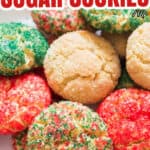 soft colorful sugar cookies on white plate with text