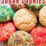 sugar cookies with sparkling sugar on plate with text