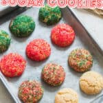 sugar cookies with sparkling sugar on baking tray with text