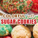 soft colorful sugar cookies on white plate with text