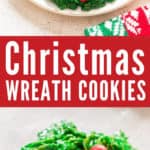 Cornflakes Christmas wreath cookies placed on decorative place with text overlay