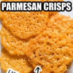 low carb snack Parmesan crisps on white plate with text