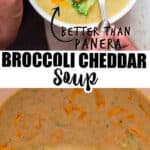 Broccoli and cheddar soup served in white bowl with text overlay