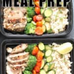 chicken brown rice meal prep in boxes with text