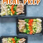 chicken brown rice meal prep in boxes with text