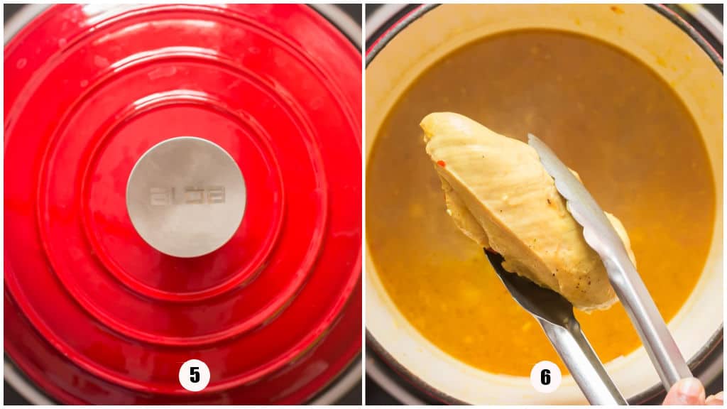 picture collage of making detox soup with chicken breasts.