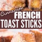 cinnamon French toast sticks served with maple syrup with text