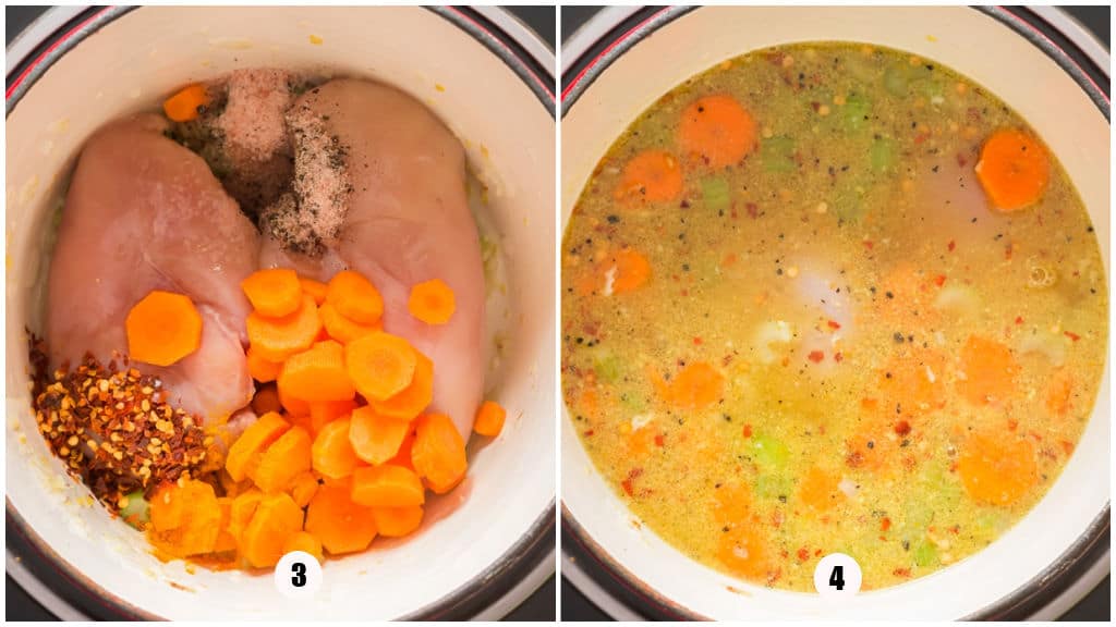 picture collage of cooking vegetables in a soup pot.