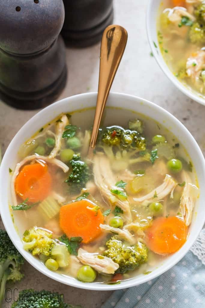 chicken detox soup in soup bowls