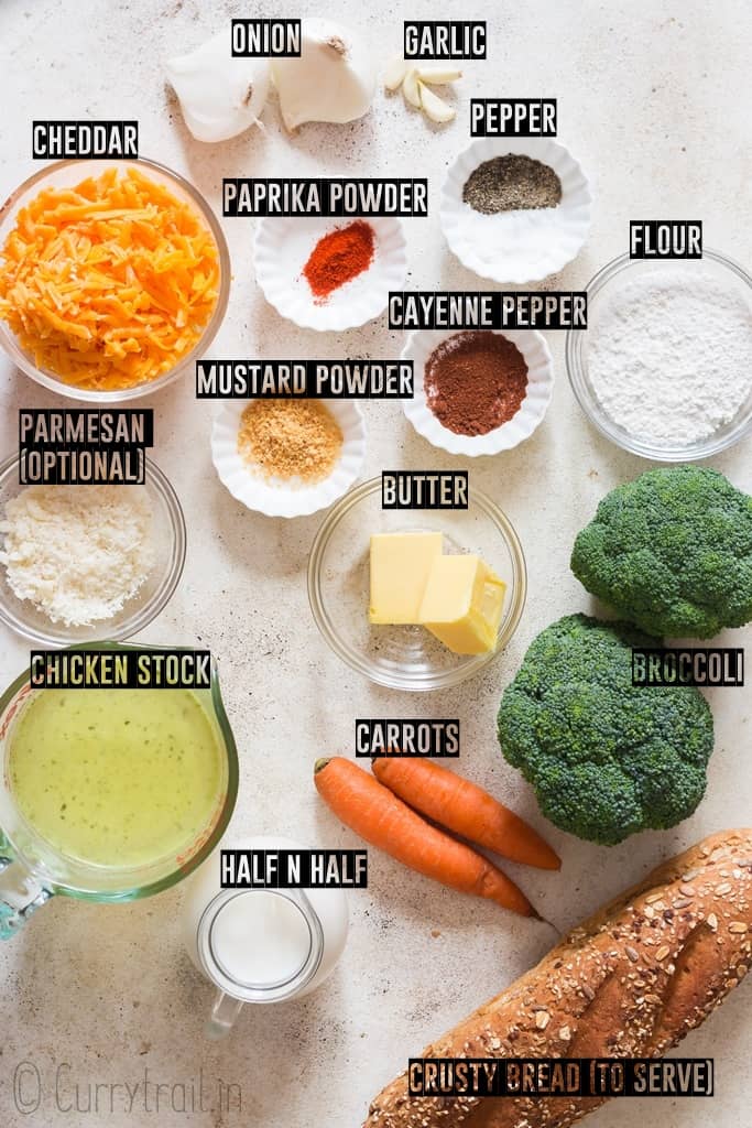 ingredients for broccoli and cheddar soup spread on white board